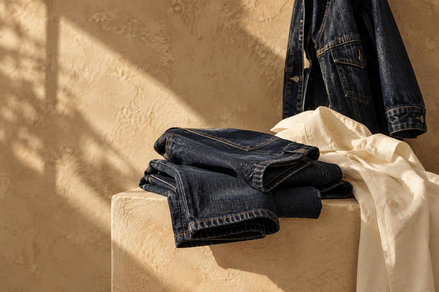 An original editorial still life of indigo denim and a cream shirt